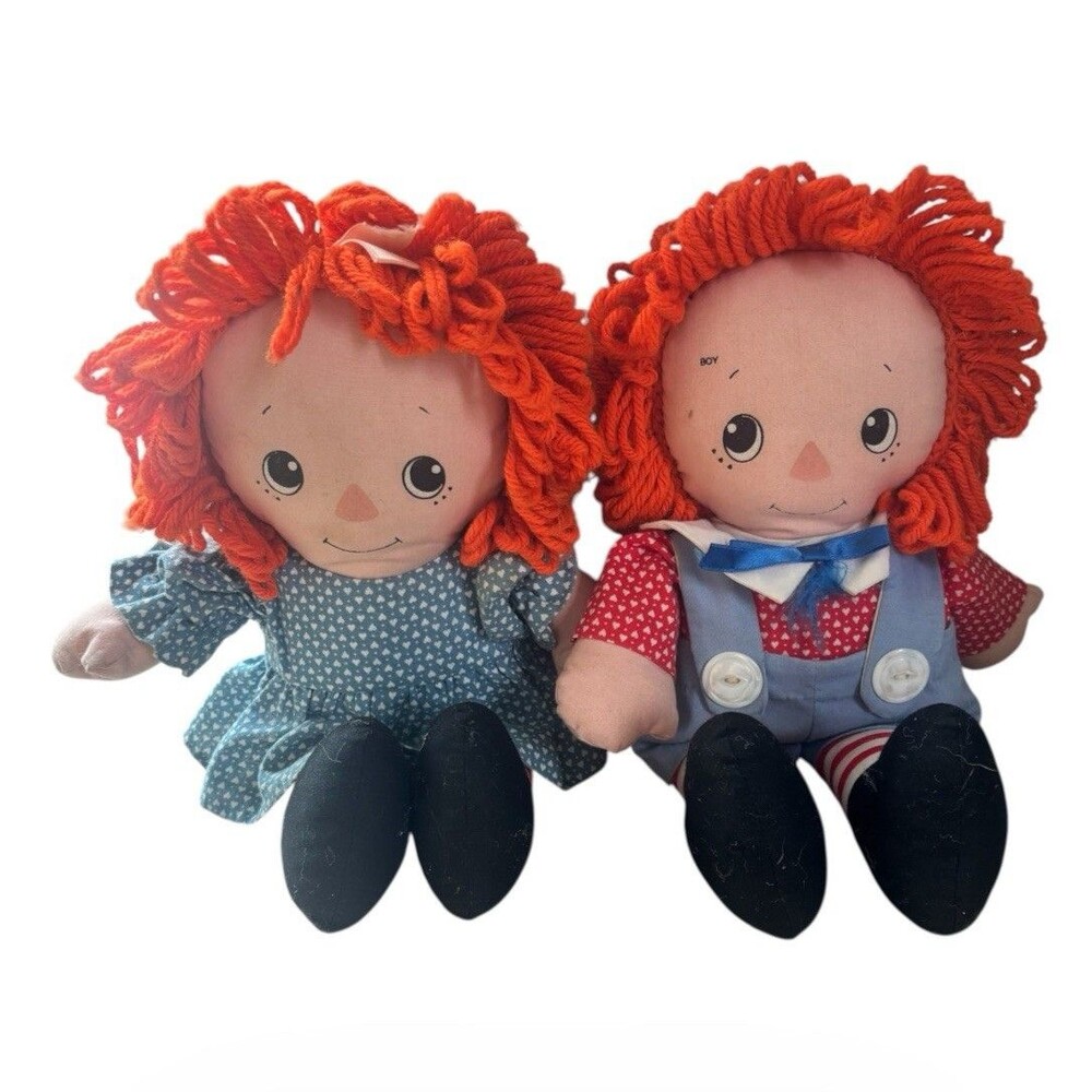 Antique Raggedy Ann & Andy Plush Rag Dolls 15" Orange Yarn Hair Pair Fabric READ